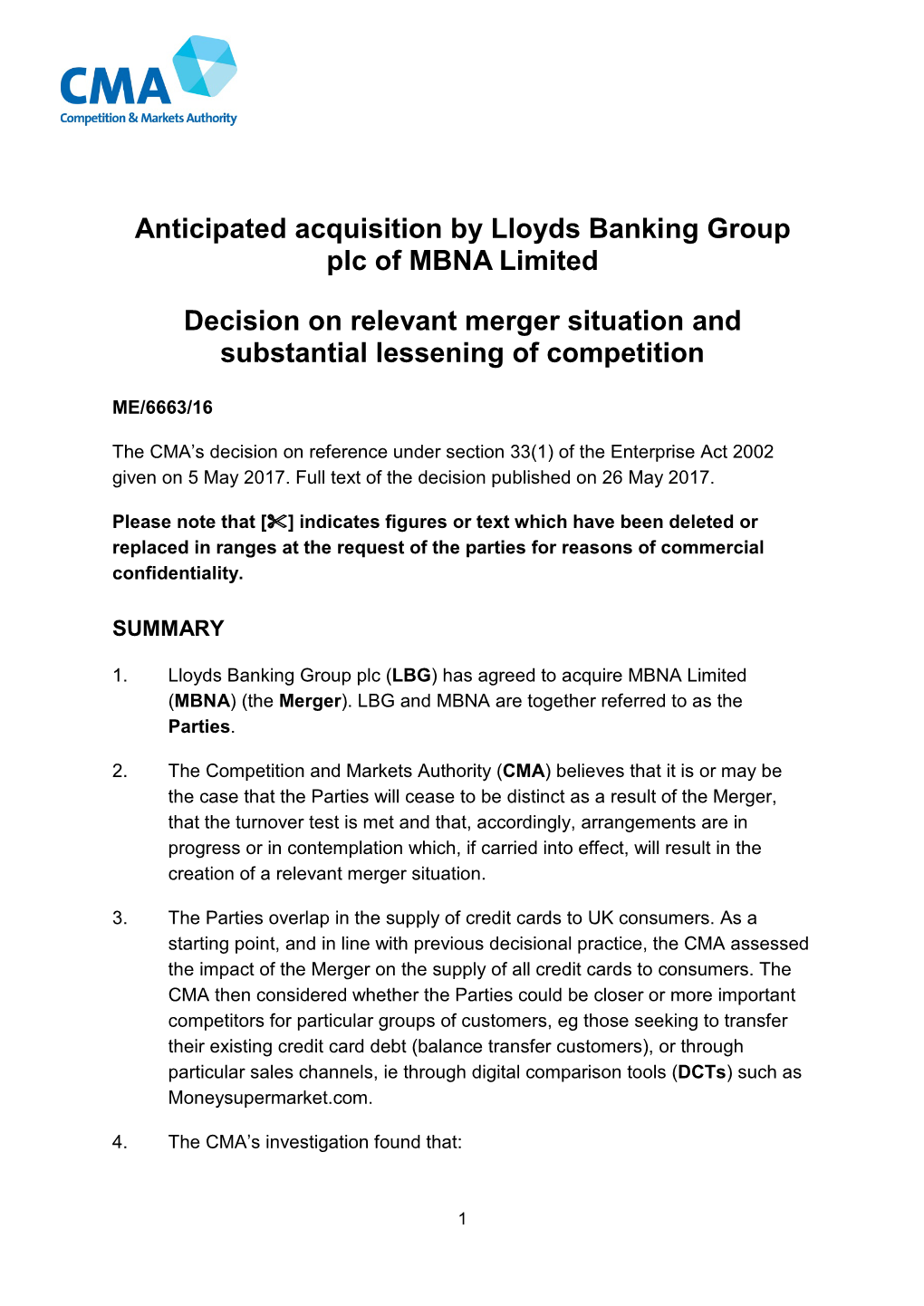 Anticipated Acquisition by Lloyds Banking Group Plc of MBNA Limited