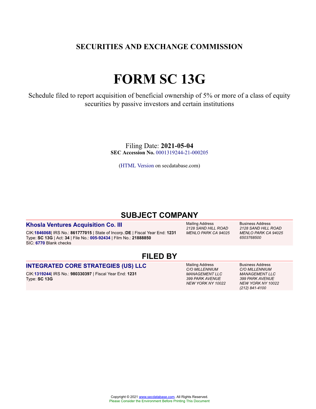 Khosla Ventures Acquisition Co. III Form SC 13G Filed 2021-05-04