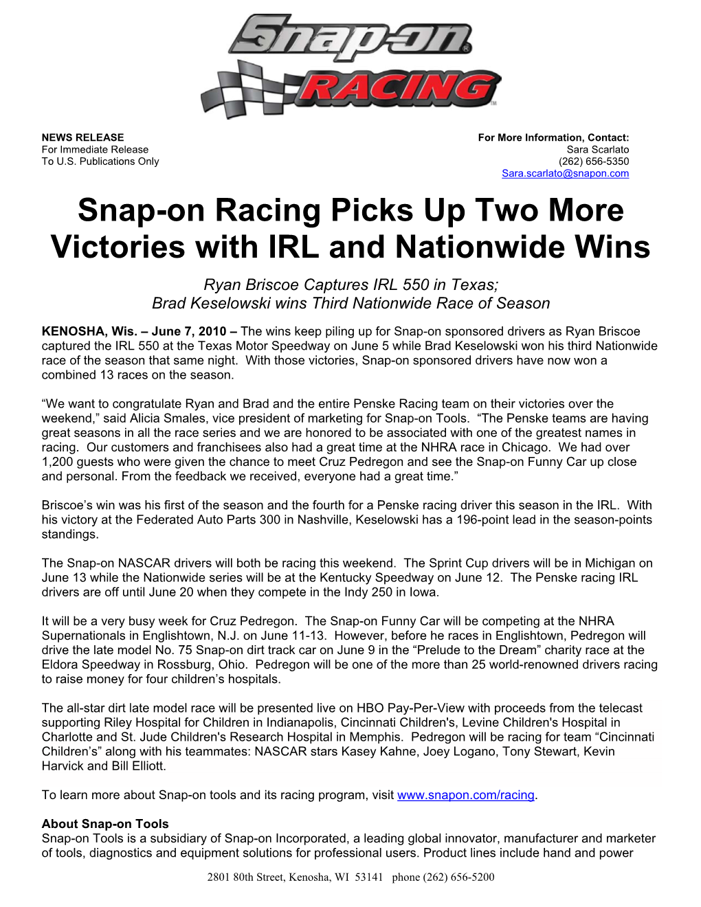 Snap-On Racing Picks up Two More Victories with IRL and Nationwide Wins