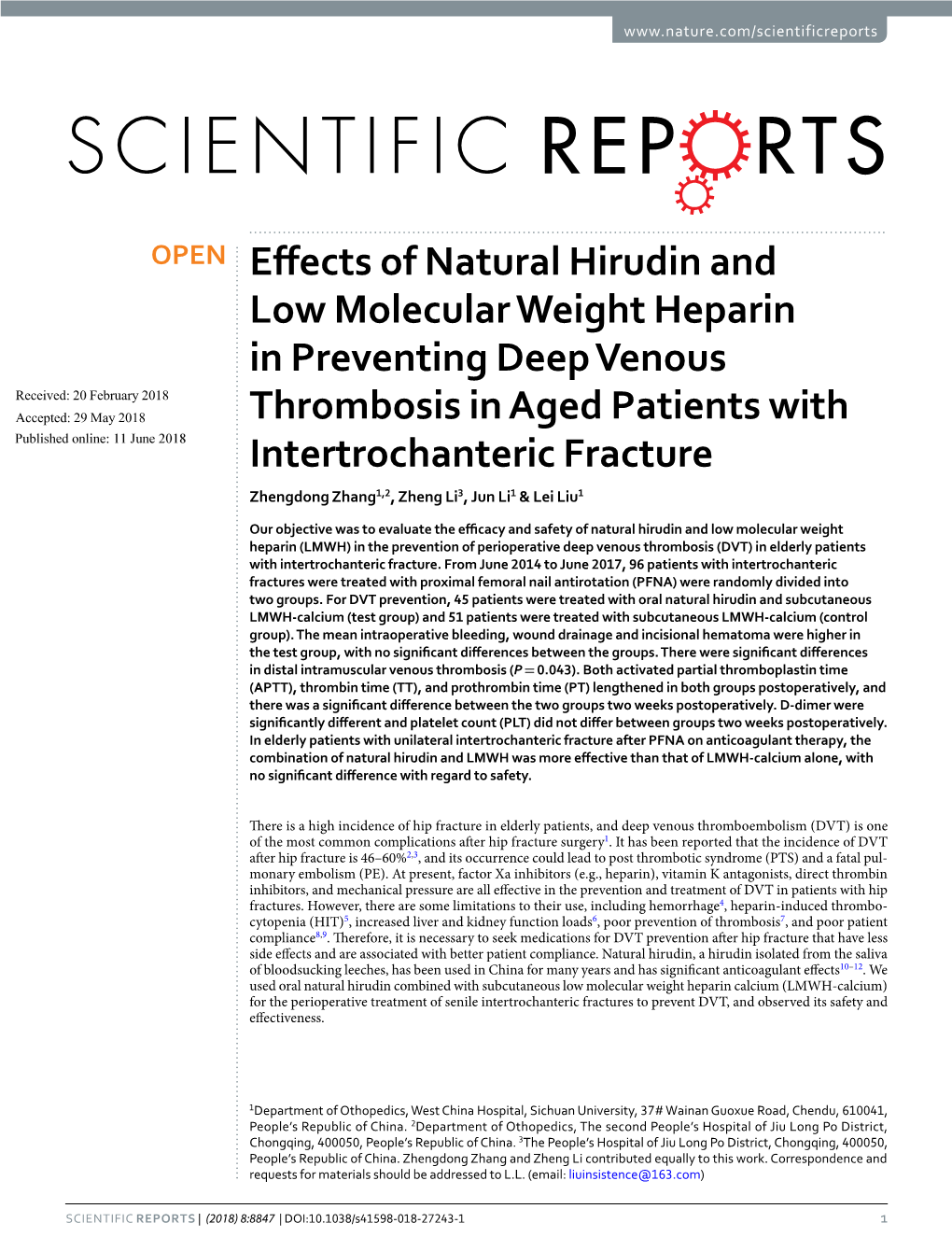 Effects of Natural Hirudin and Low Molecular Weight Heparin in Preventing Deep Venous Thrombosis in Aged Patients with Intertroc