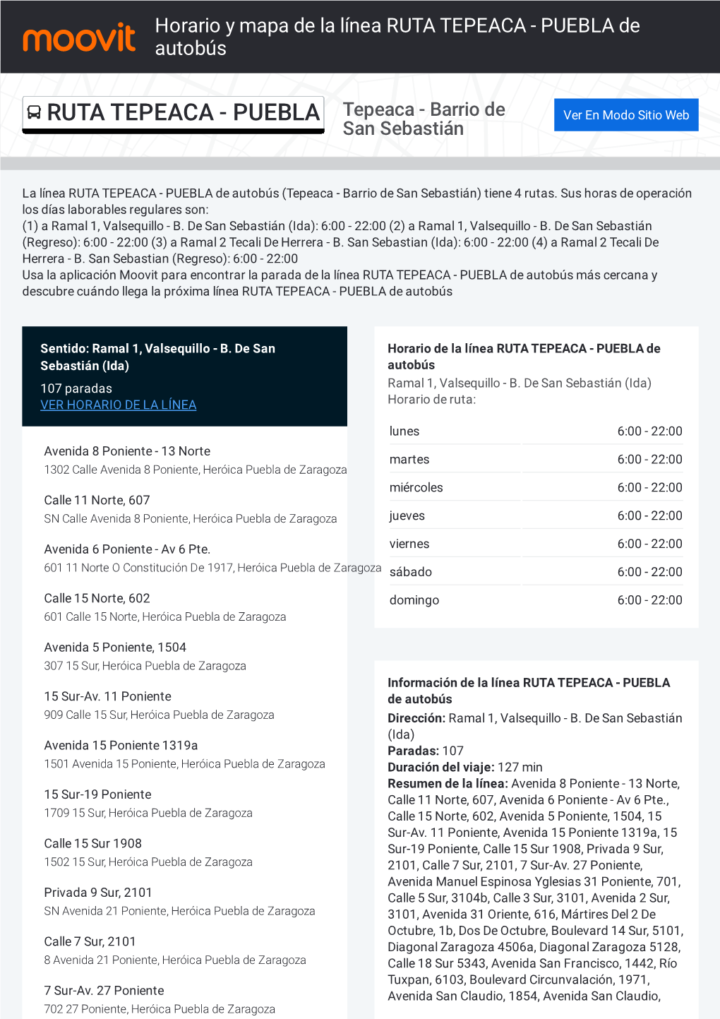 Horario Y Mapa De La Ruta RUTA TEPEACA