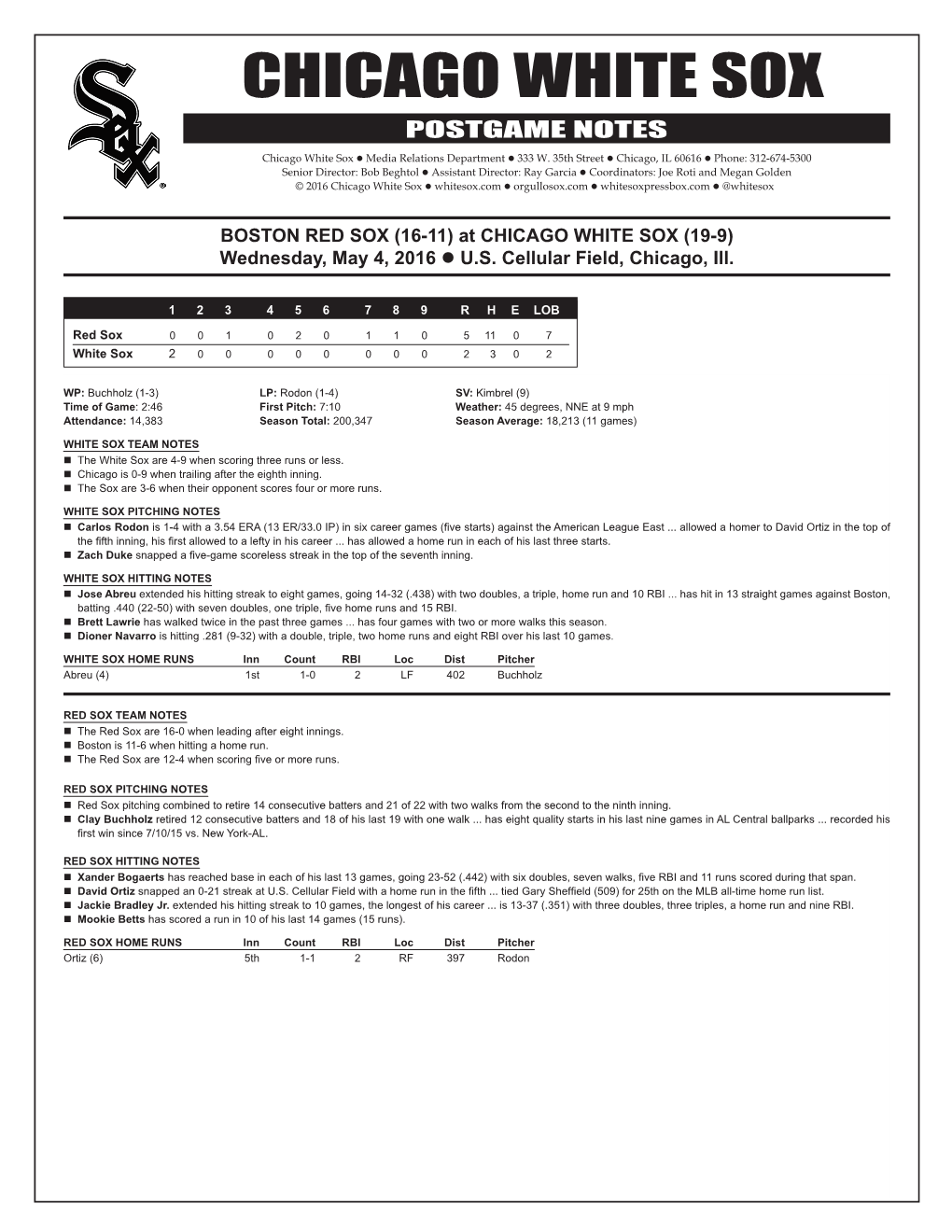 CHICAGO WHITE SOX POSTGAME NOTES Chicago White Sox  Media Relations Department  333 W