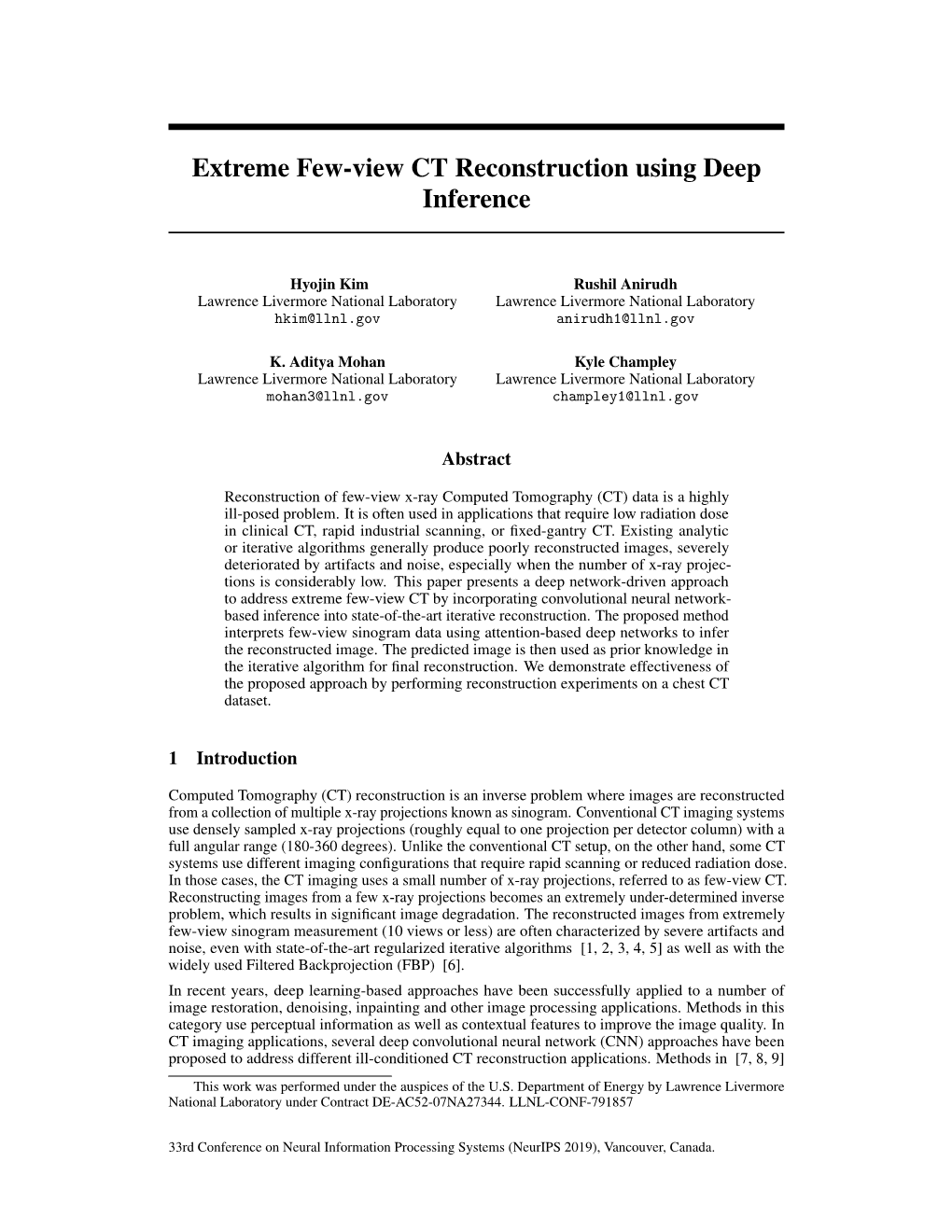 Extreme Few-View CT Reconstruction Using Deep Inference