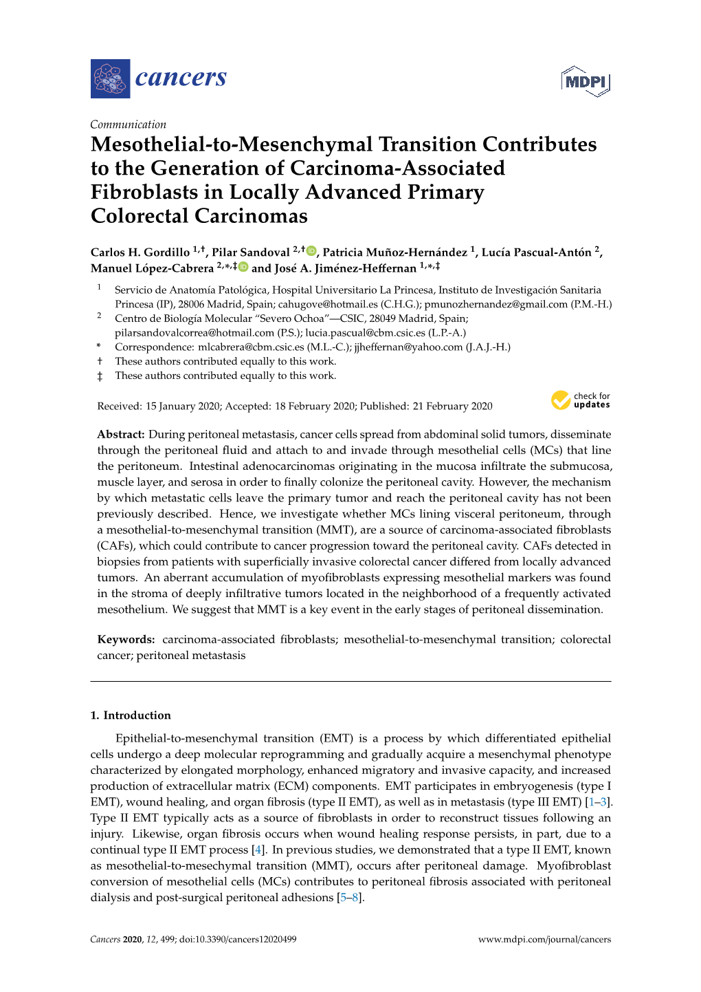 Mesothelial-To-Mesenchymal Transition Contributes to the Generation of Carcinoma-Associated Fibroblasts in Locally Advanced Primary Colorectal Carcinomas