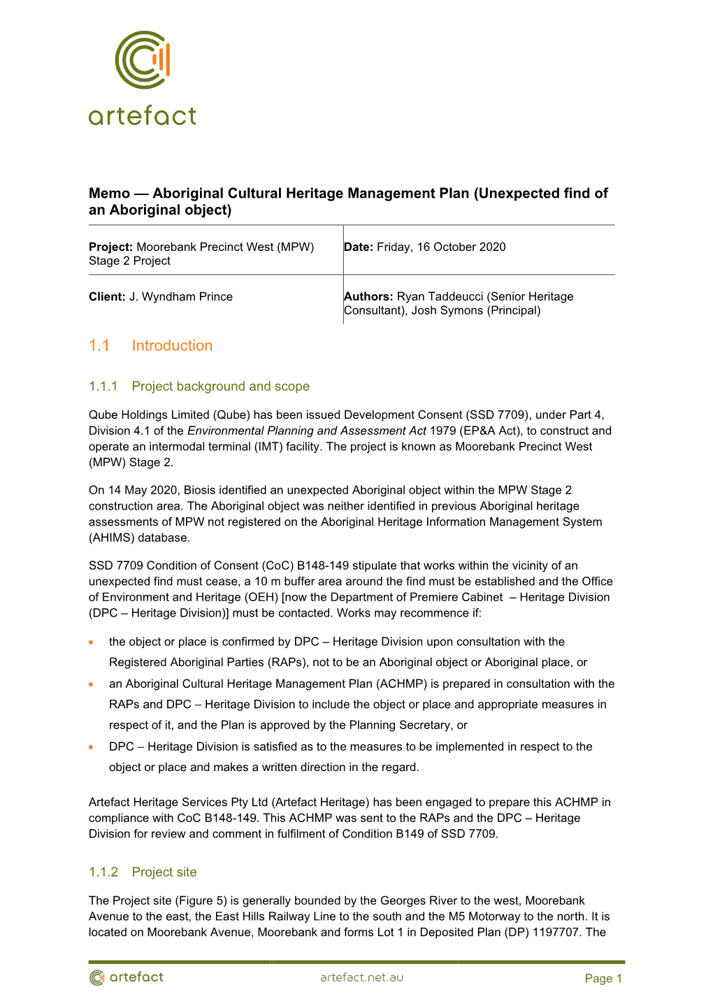 Memo — Aboriginal Cultural Heritage Management Plan (Unexpected Find of an Aboriginal Object)