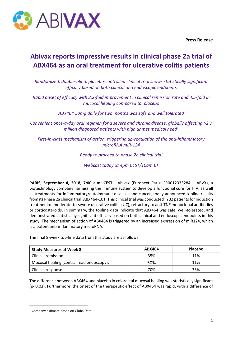 Abivax Reports Impressive Results in Clinical Phase 2A Trial of ABX464 As an Oral Treatment for Ulcerative Colitis Patients