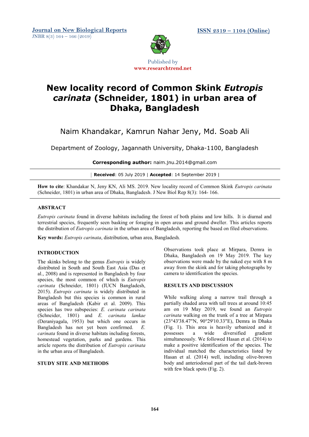 New Locality Record of Common Skink Eutropis Carinata (Schneider, 1801) in Urban Area of Dhaka, Bangladesh