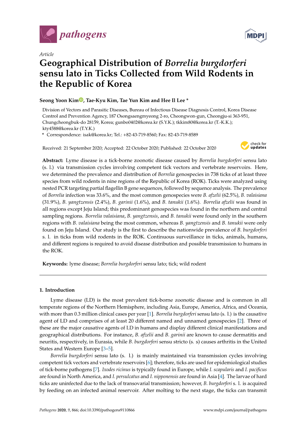 Geographical Distribution of Borrelia Burgdorferi Sensu Lato in Ticks Collected from Wild Rodents in the Republic of Korea