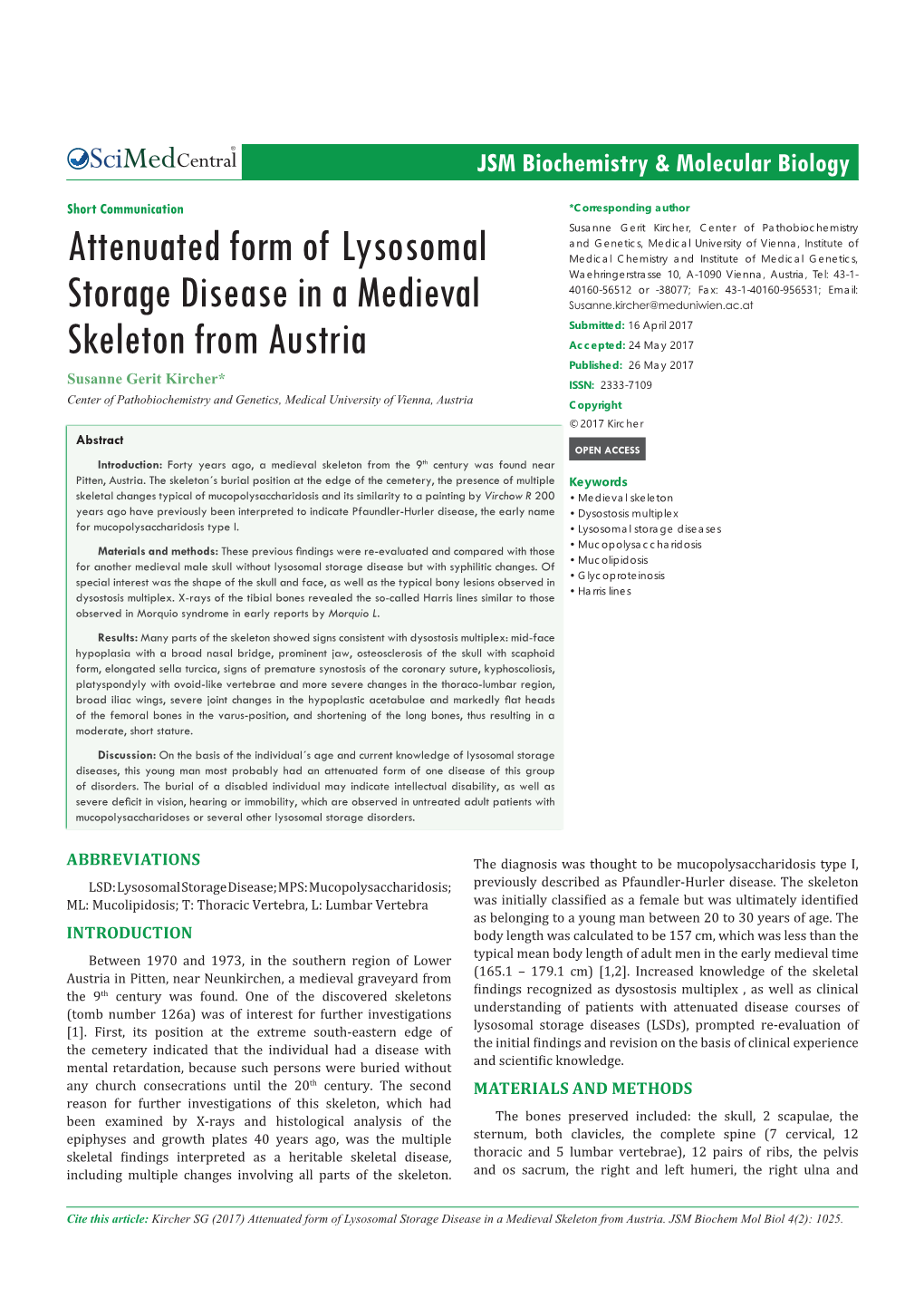 Attenuated Form of Lysosomal Storage Disease in a Medieval Skeleton from Austria