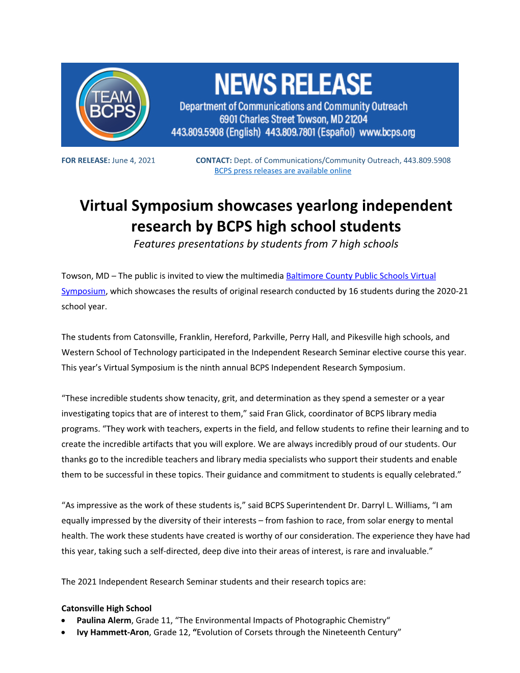 Virtual Symposium Showcases Yearlong Independent Research by BCPS High School Students Features Presentations by Students from 7 High Schools