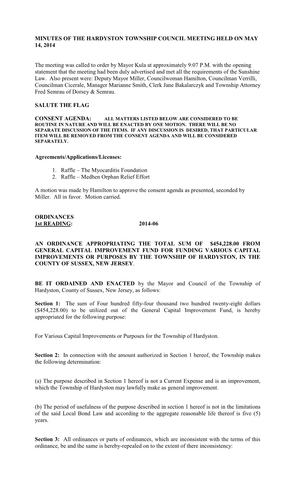 Minutes of the Hardyston Township Council Meeting Held on May 14, 2014