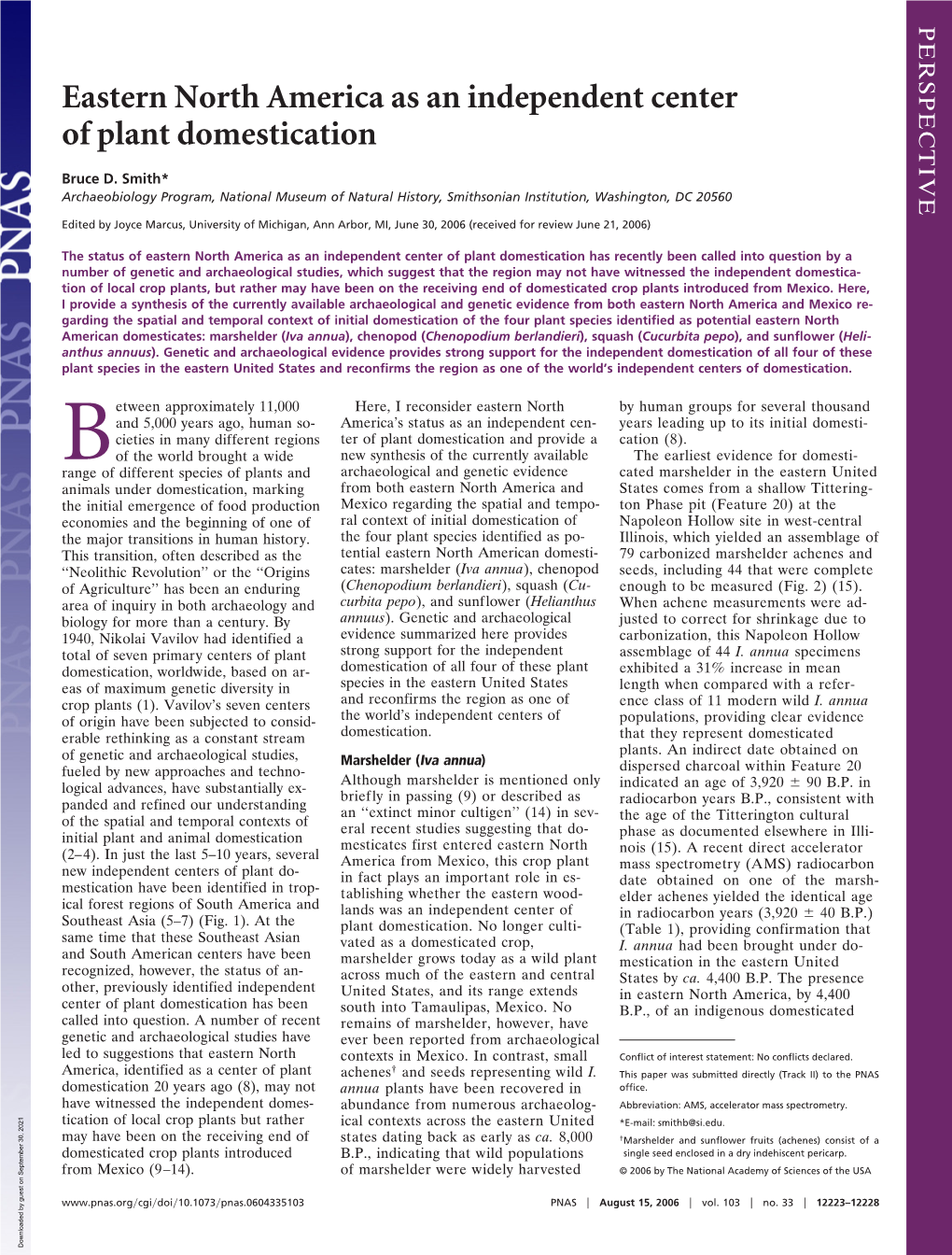 Eastern North America As an Independent Center of Plant Domestication