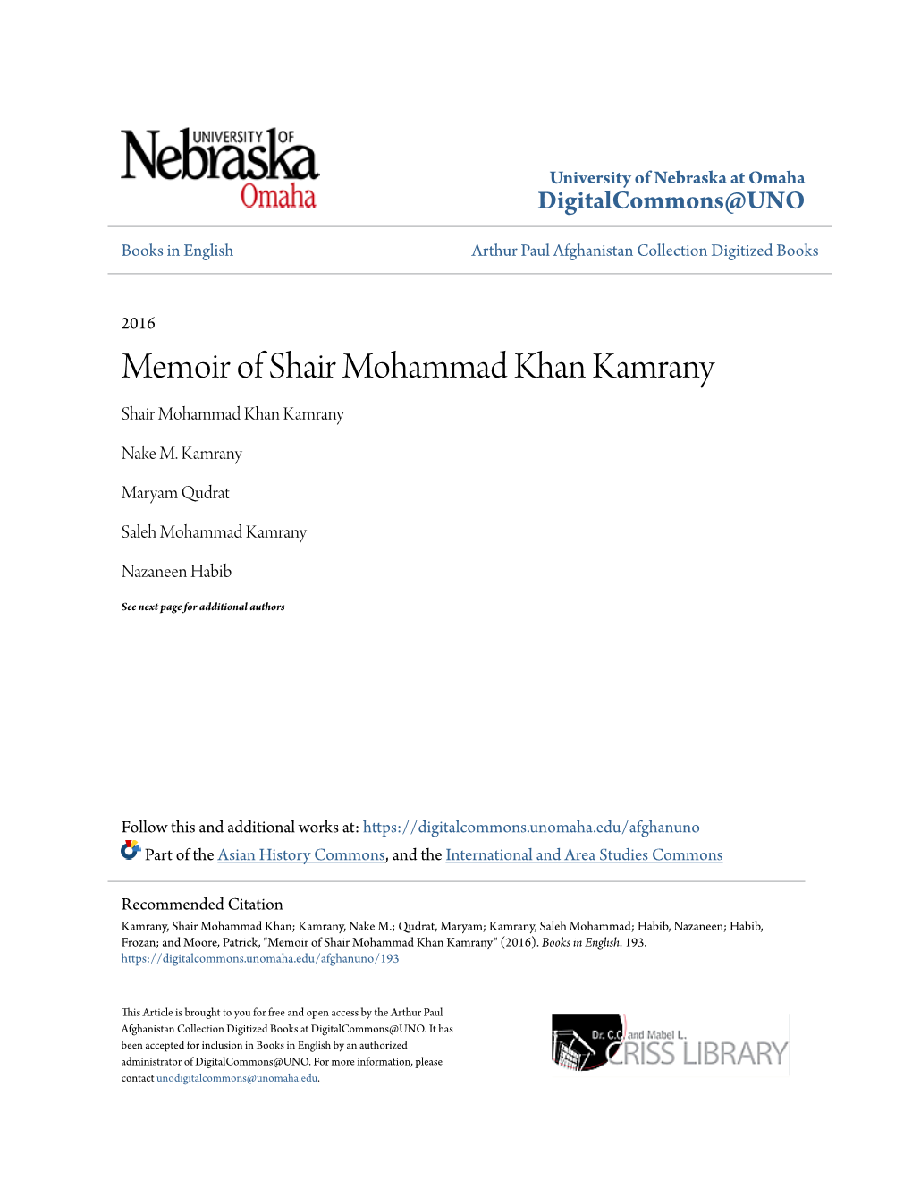 Memoir of Shair Mohammad Khan Kamrany Shair Mohammad Khan Kamrany