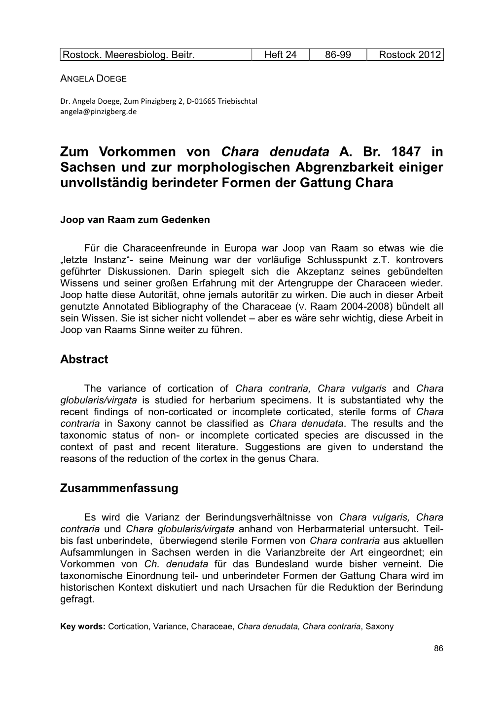 Zum Vorkommen Von Chara Denudata A. Br. 1847 in Sachsen Und Zur Morphologischen Abgrenzbarkeit Einiger Unvollständig Berindeter Formen Der Gattung Chara