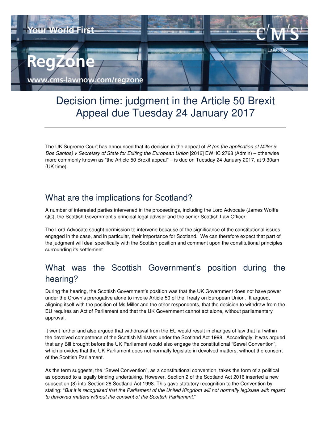 Judgment in the Article 50 Brexit Appeal Due Tuesday 24 January