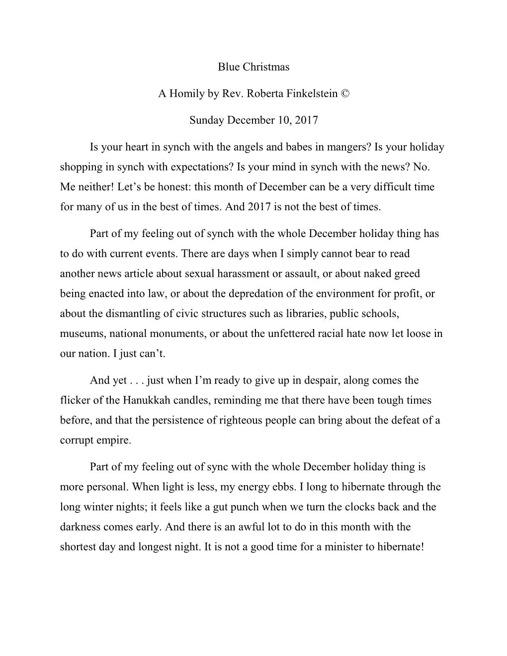 Blue Christmas a Homily by Rev. Roberta Finkelstein © Sunday