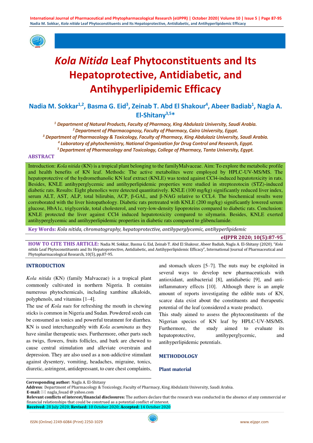 Kola Nitida Leaf Phytoconstituents and Its Hepatoprotective, Antidiabetic, and Antihyperlipidemic Efficacy