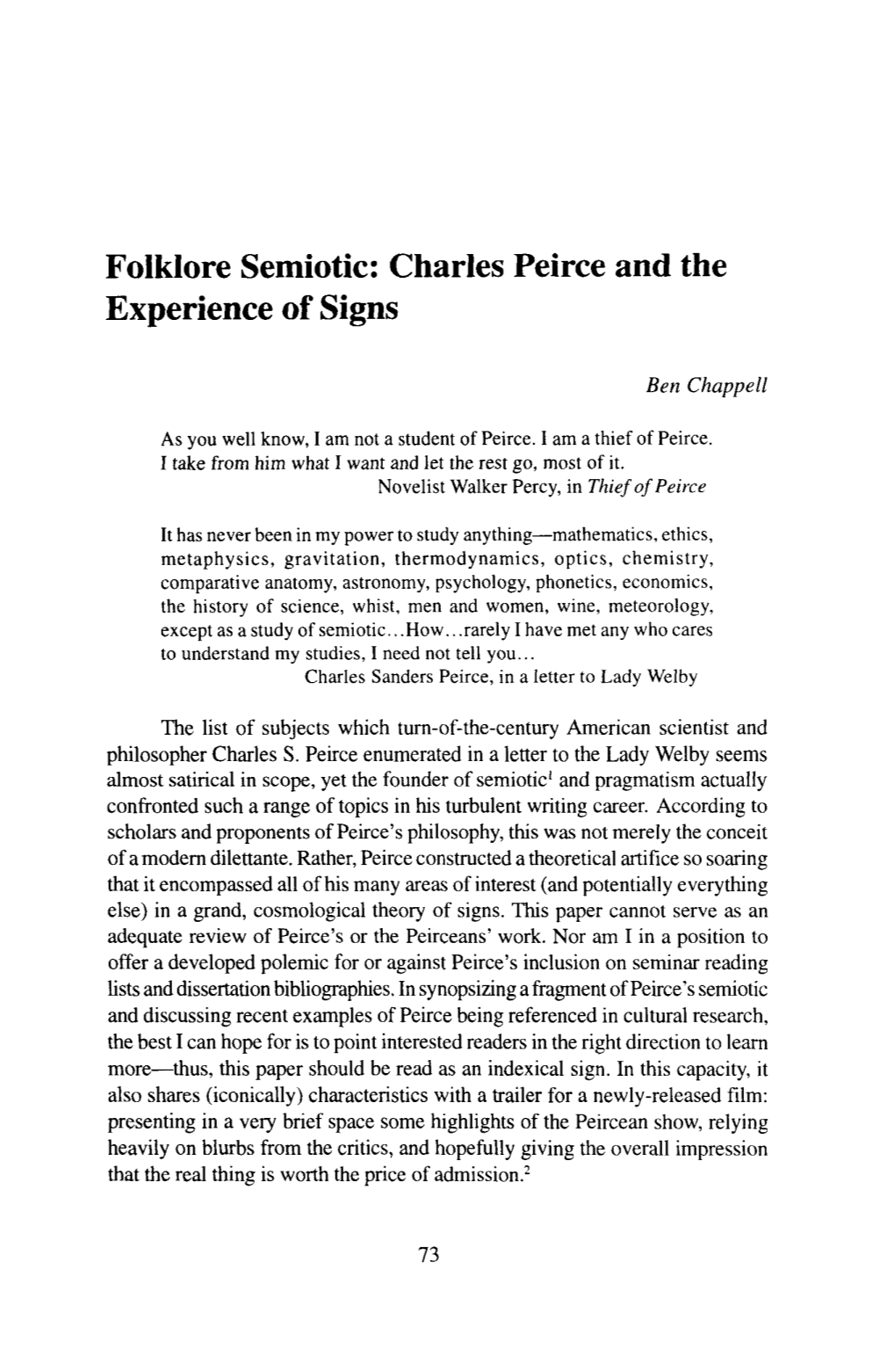 Folklore Semiotic: Charles Peirce and the Experience of Signs