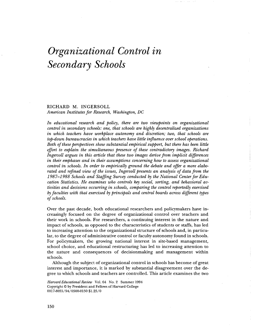 Organizational Control in Secondary Schools
