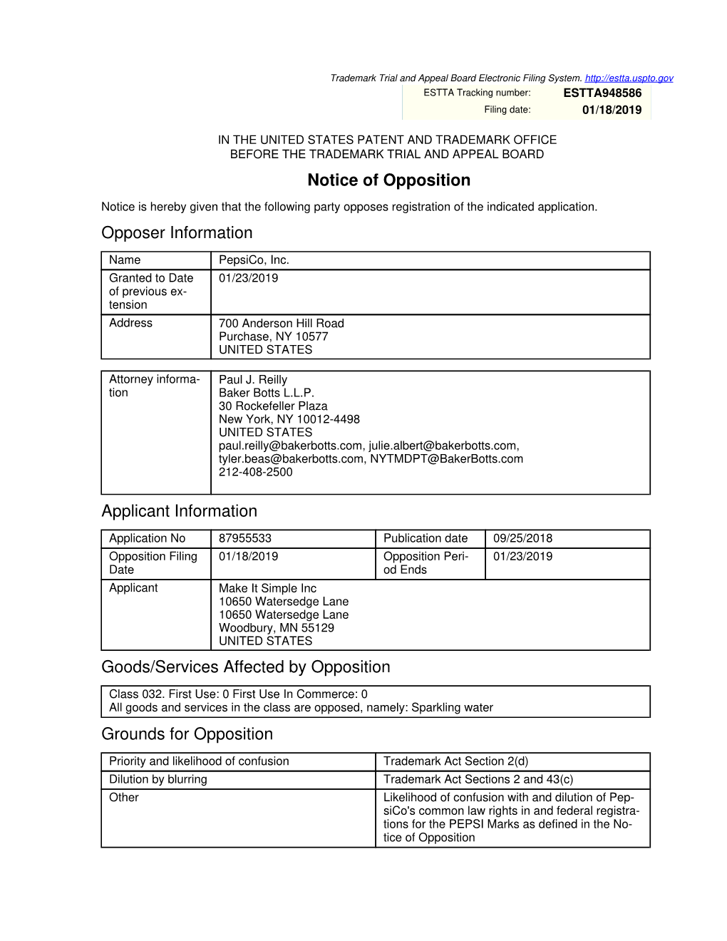 Notice of Opposition Opposer Information Applicant Information