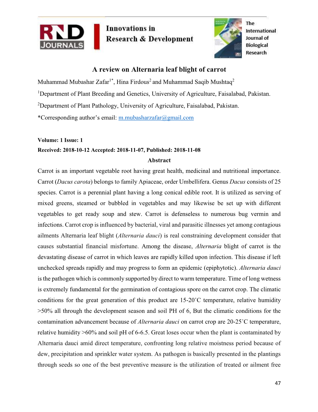 A Review on Alternaria Leaf Blight of Carrot