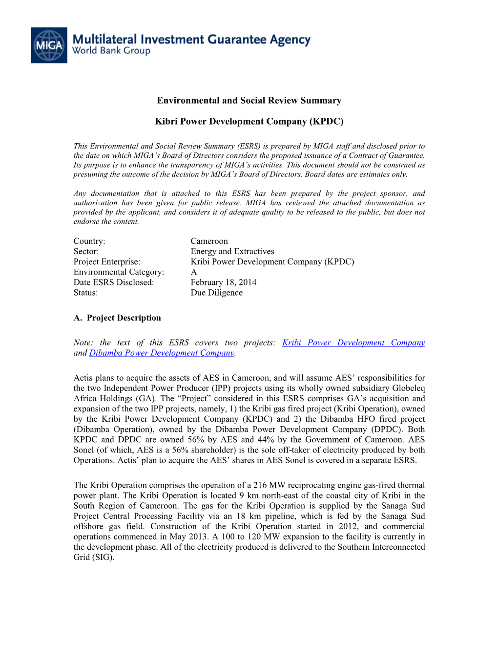 Environmental and Social Review Summary Kibri Power Development Company