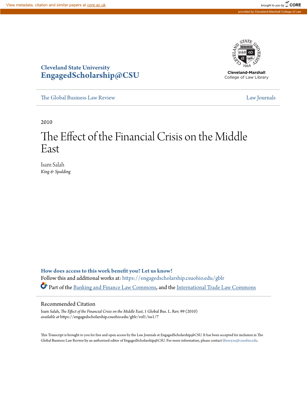 The Effect of the Financial Crisis on the Middle East, 1 Global Bus