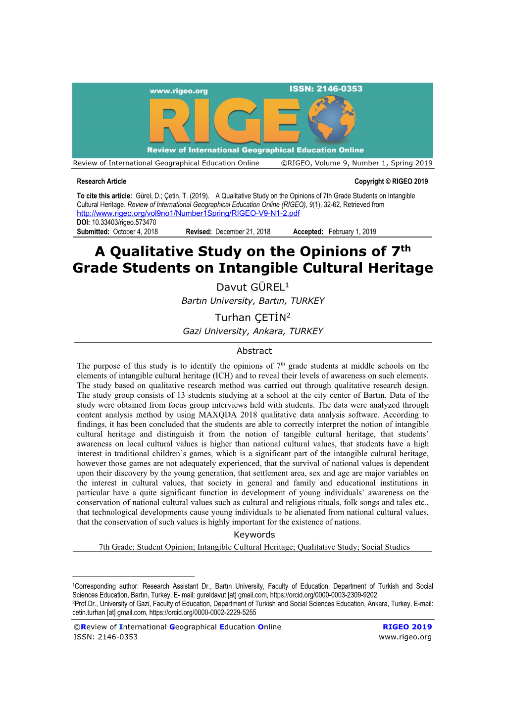 A Qualitative Study on the Opinions of 7Th Grade Students on Intangible Cultural Heritage