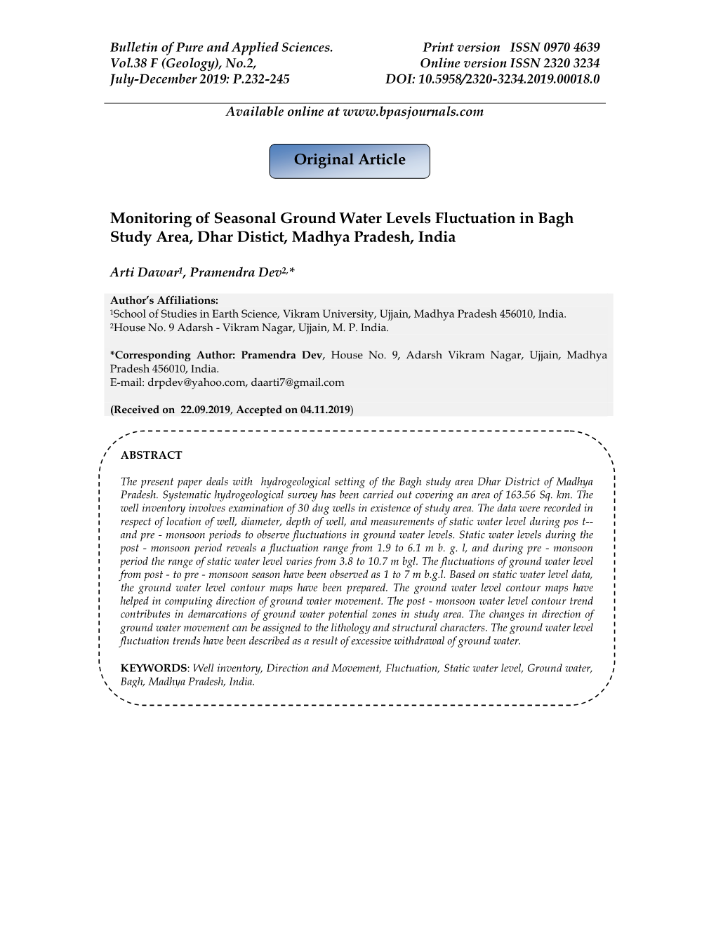 Monitoring of Seasonal Ground Water Levels Fluctuation in Bagh Study Area, Dhar Distict, Madhya Pradesh, India