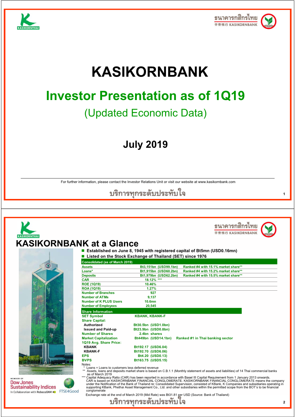 Investor Presentation As of 1Q19 (Updated Economic Data)