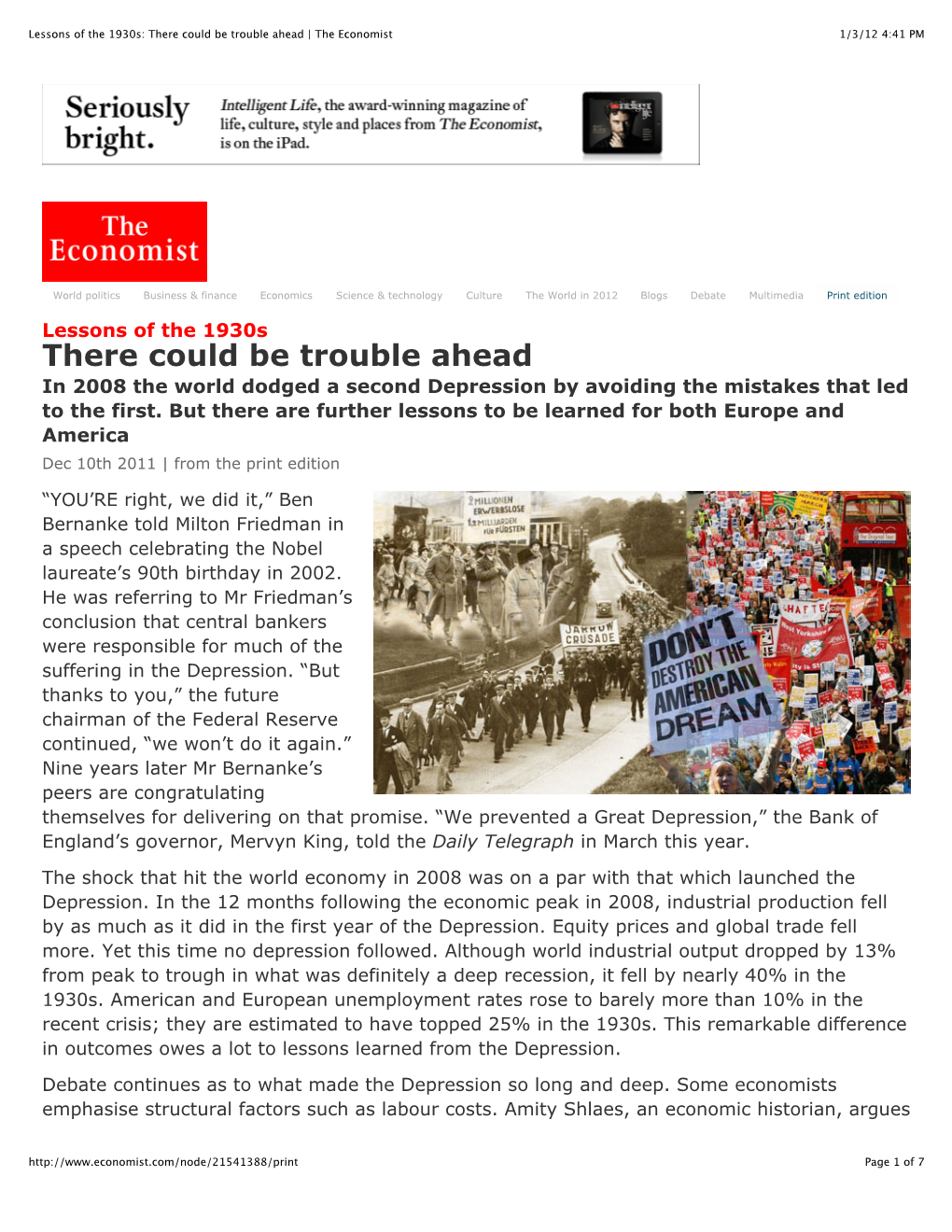 Lessons of the 1930S: There Could Be Trouble Ahead | the Economist 1/3/12 4:41 PM
