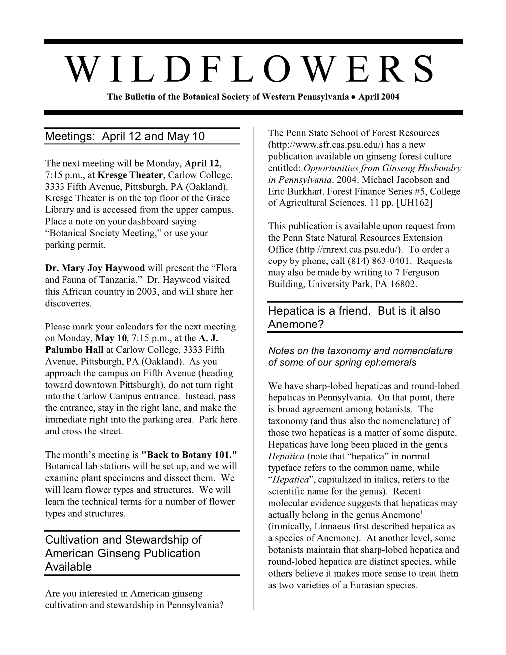 WILDFLOWERS the Bulletin of the Botanical Society of Western Pennsylvania  April 2004
