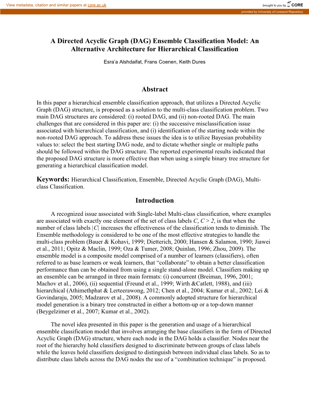 A Directed Acyclic Graph (DAG) Ensemble Classification Model: an Alternative Architecture for Hierarchical Classification