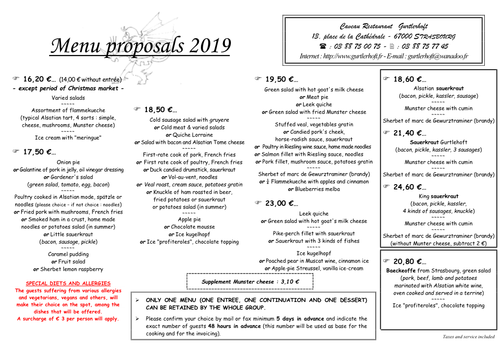 Menu Proposals 2019 Internet : - E-Mail : Gurtlerhoft@Wanadoo.Fr