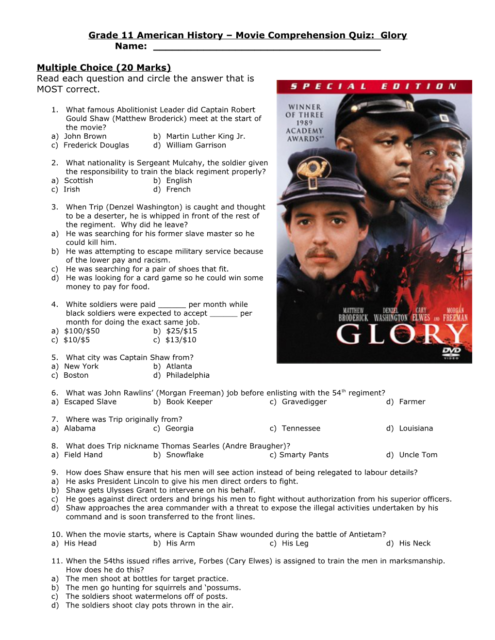 Grade 11 American History – Movie Comprehension Quiz: Glory