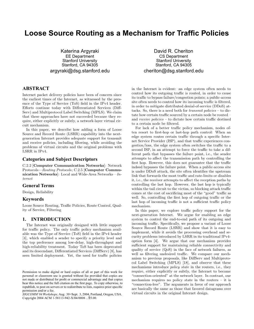 Loose Source Routing As a Mechanism for Traffic Policies