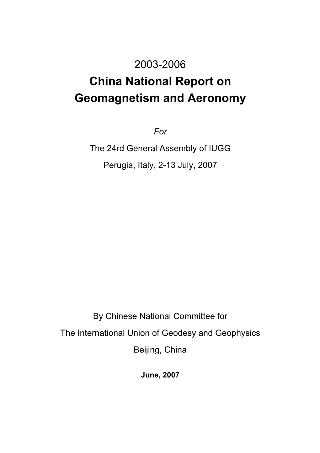 China National Report on Geomagnetism and Aeronomy