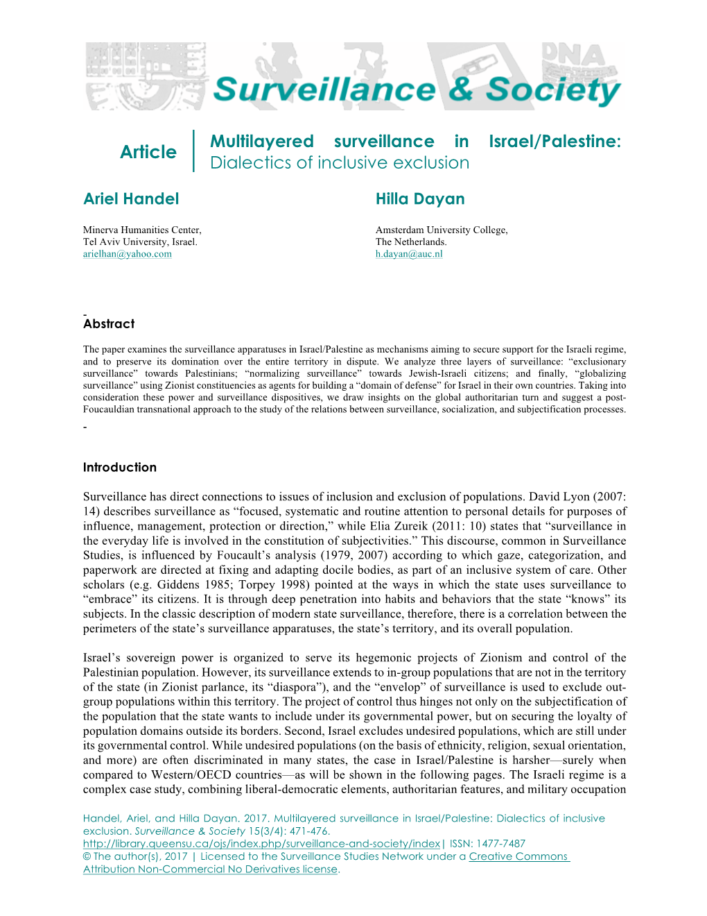 Multilayered Surveillance in Israel/Palestine: Article Dialectics of Inclusive Exclusion