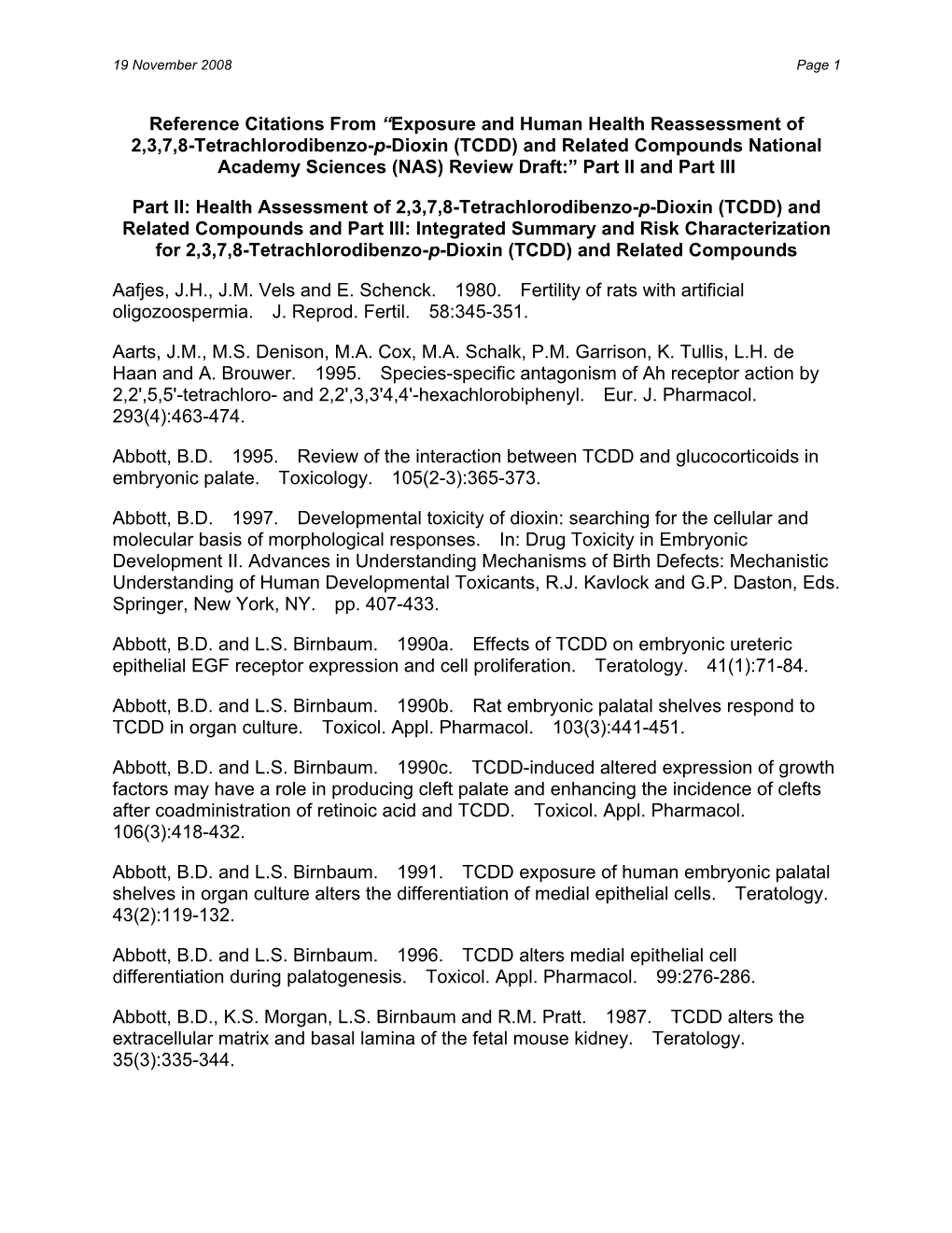 Reference Citations from “Exposure and Human Health Reassessment