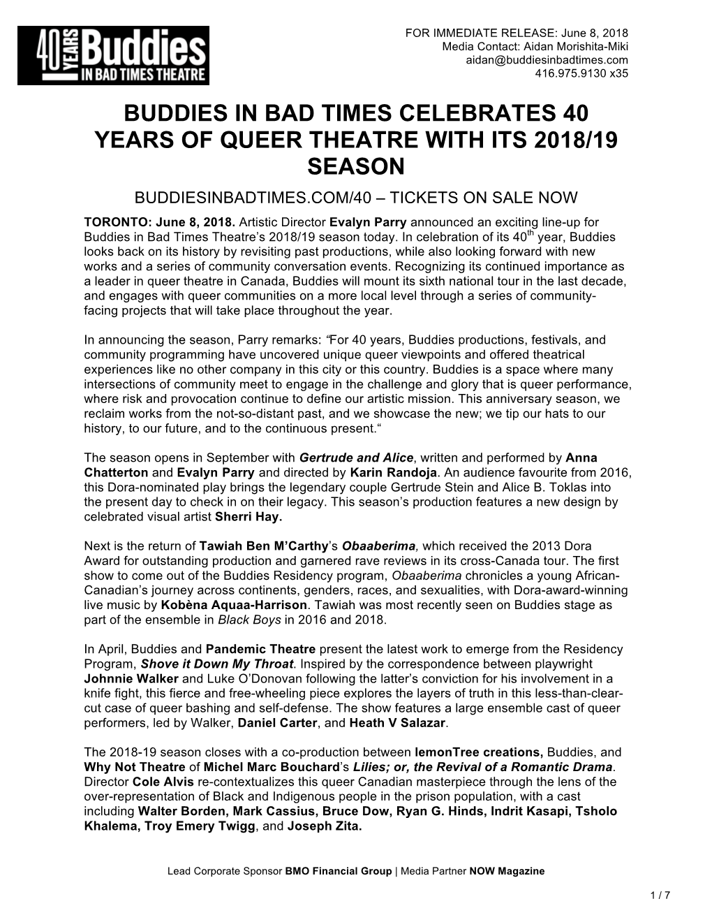 Buddies in Bad Times Celebrates 40 Years of Queer Theatre with Its 2018/19 Season