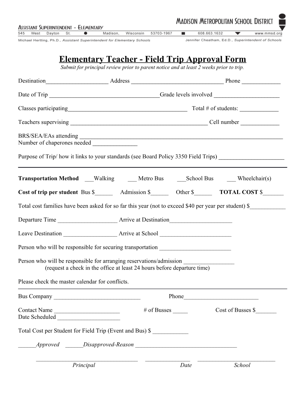 Elementary Teacher - Field Trip Approval Form