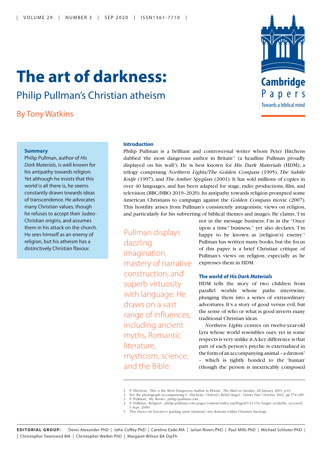 The Art of Darkness: Cambridge Philip Pullman’S Christian Atheism Papers Towards a Biblical Mind by Tony Watkins