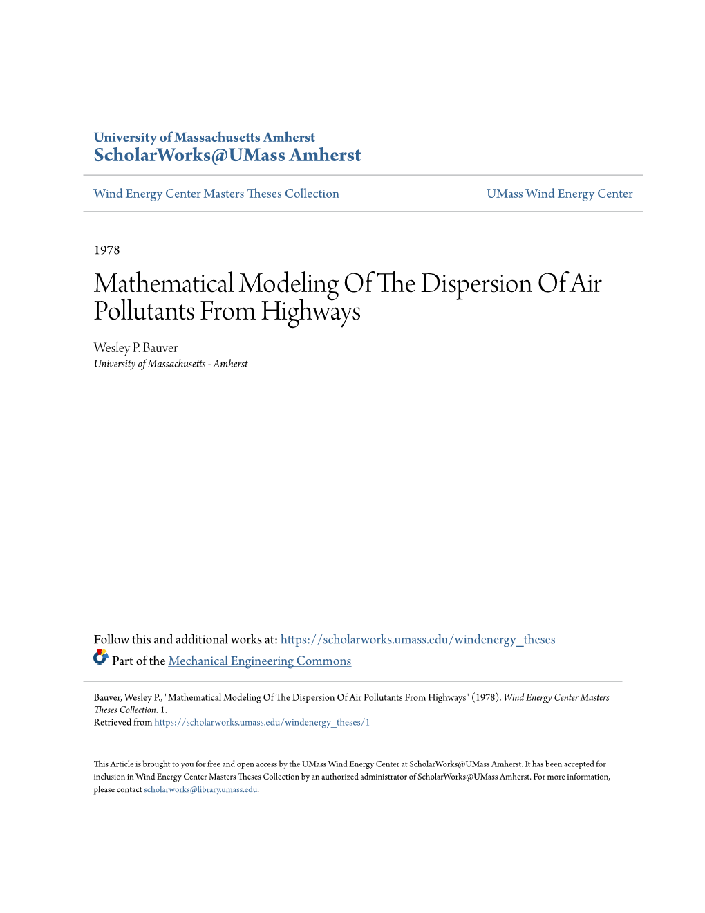 Mathematical Modeling of the Dispersion of Air Pollutants from Highways Wesley P