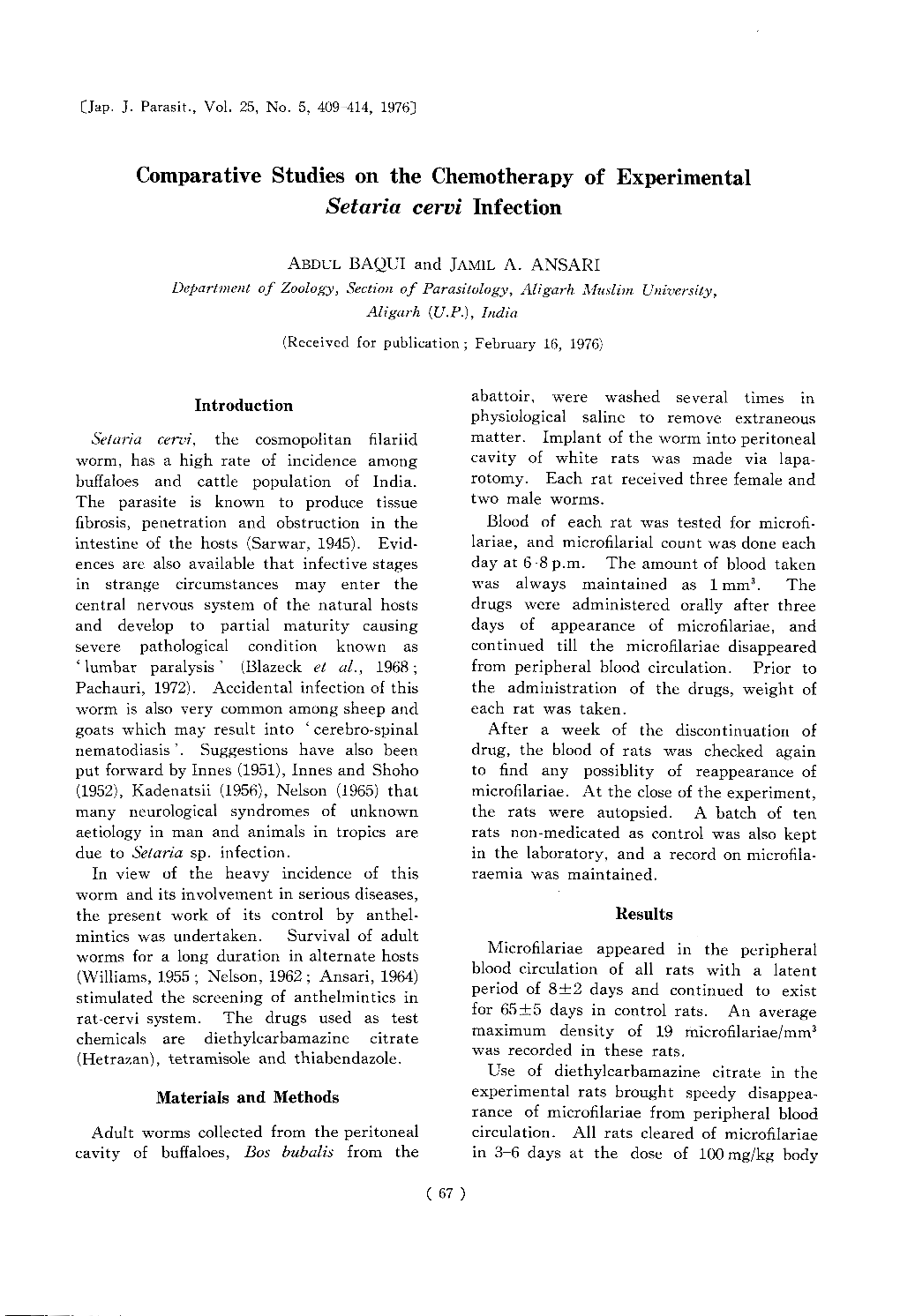 Comparative Studies on the Chemotherapy of Experimental Setaria Cervi Infection