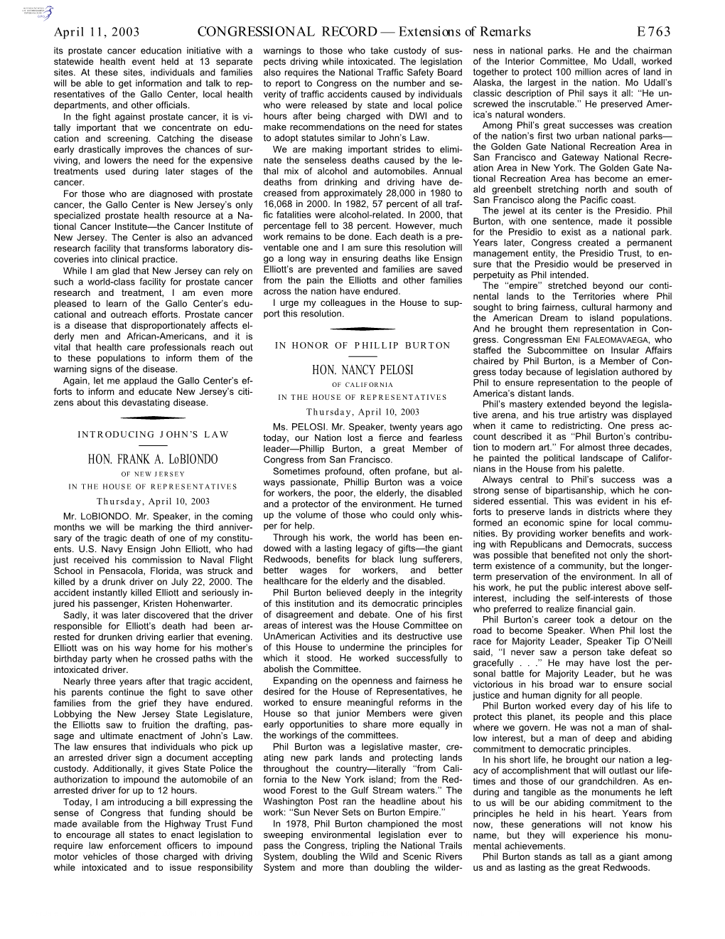 CONGRESSIONAL RECORD— Extensions of Remarks E763 HON. FRANK A. Lobiondo HON. NANCY PELOSI