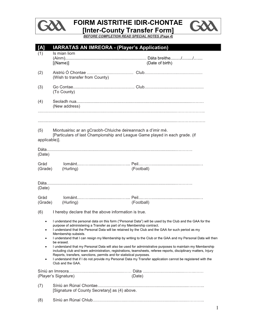 FOIRM AISTRITHE IDIR-CHONTAE [Inter-County Transfer Form] BEFORE COMPLETION READ SPECIAL NOTES (Page 4)