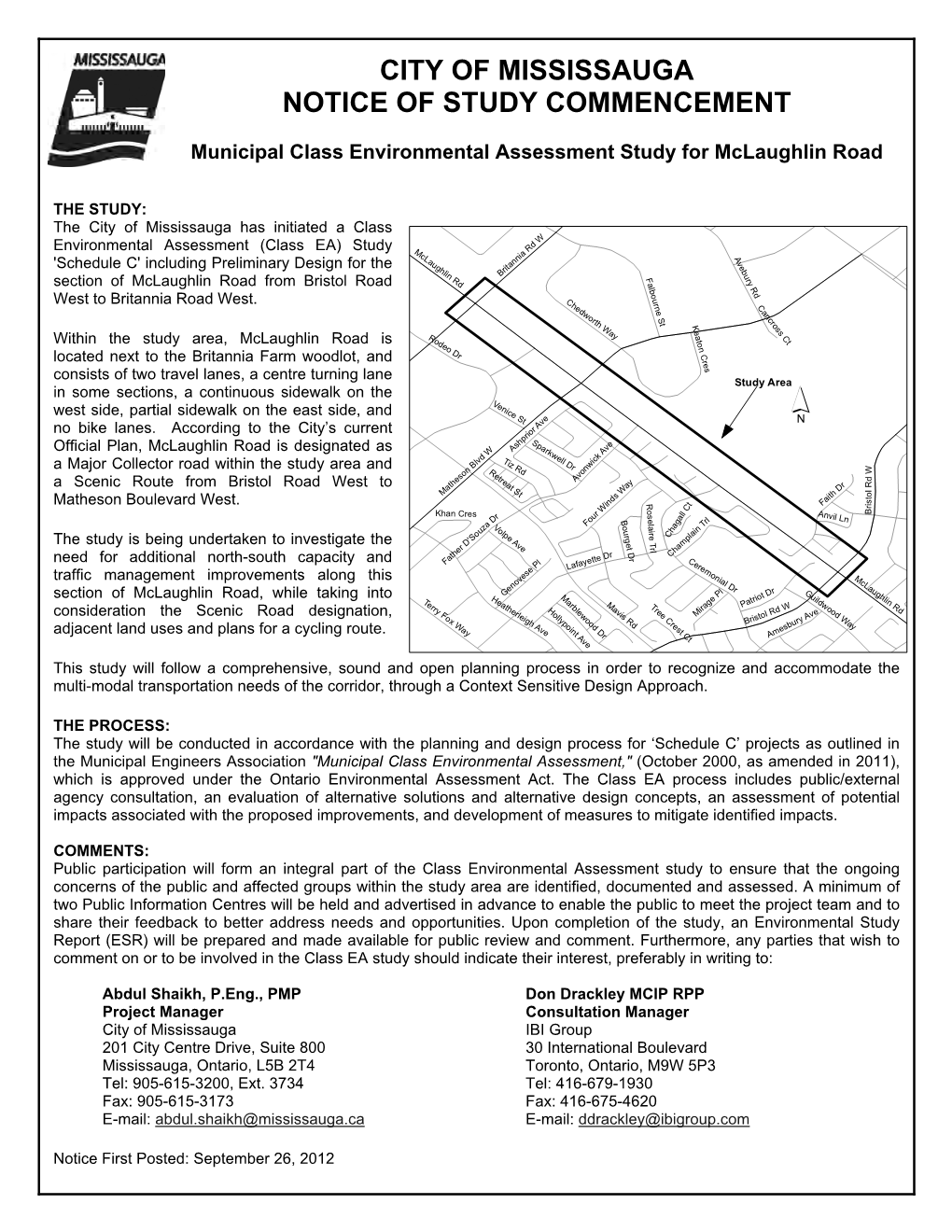 City of Mississauga Notice of Study Commencement