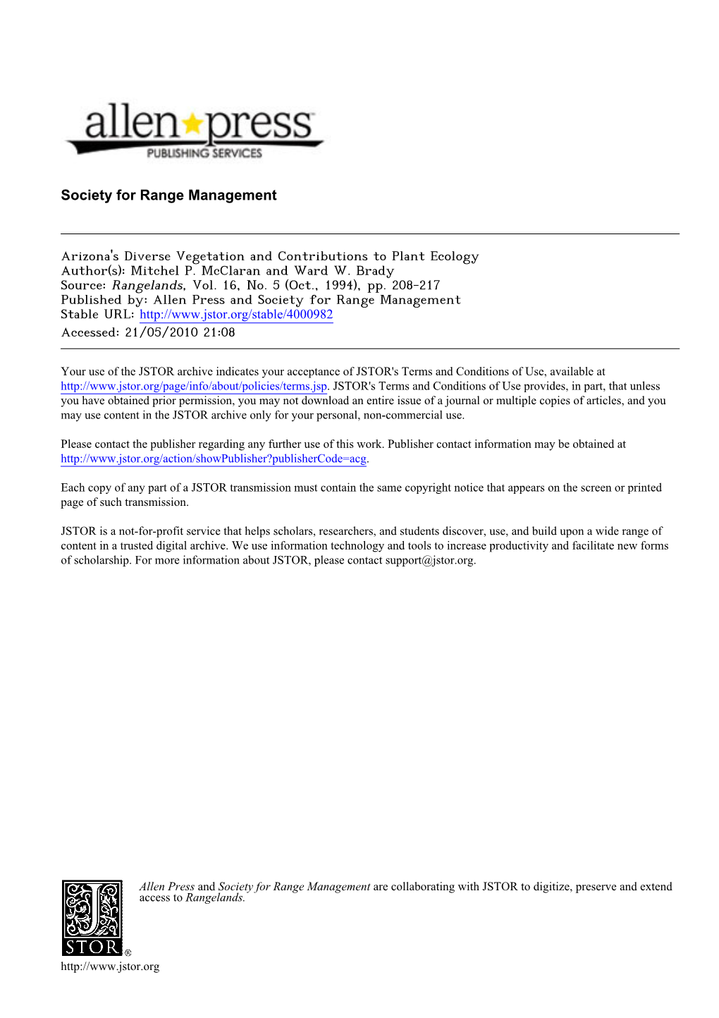 Arizona's Diverse Vegetation and Contributions to Plant Ecology Author(S): Mitchel P