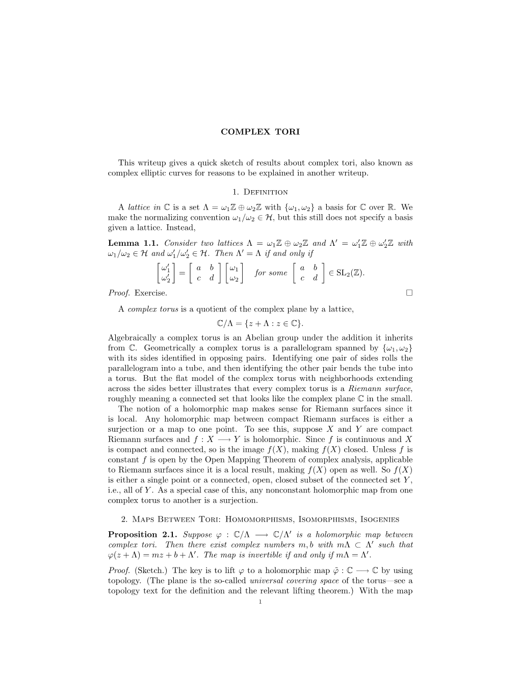 COMPLEX TORI This Writeup Gives a Quick Sketch of Results About