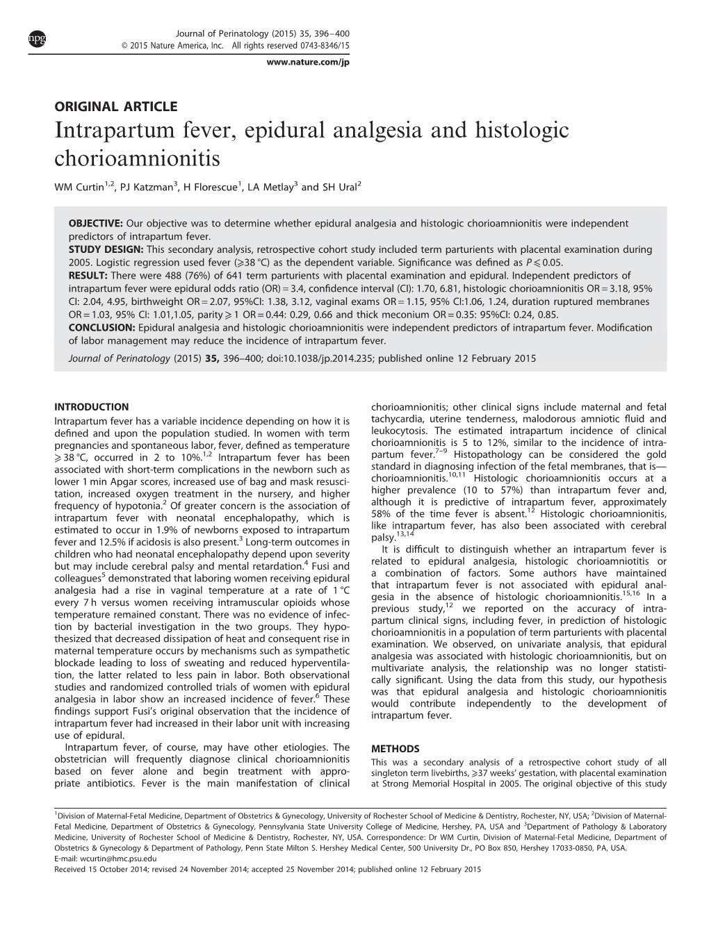 Intrapartum Fever, Epidural Analgesia and Histologic Chorioamnionitis